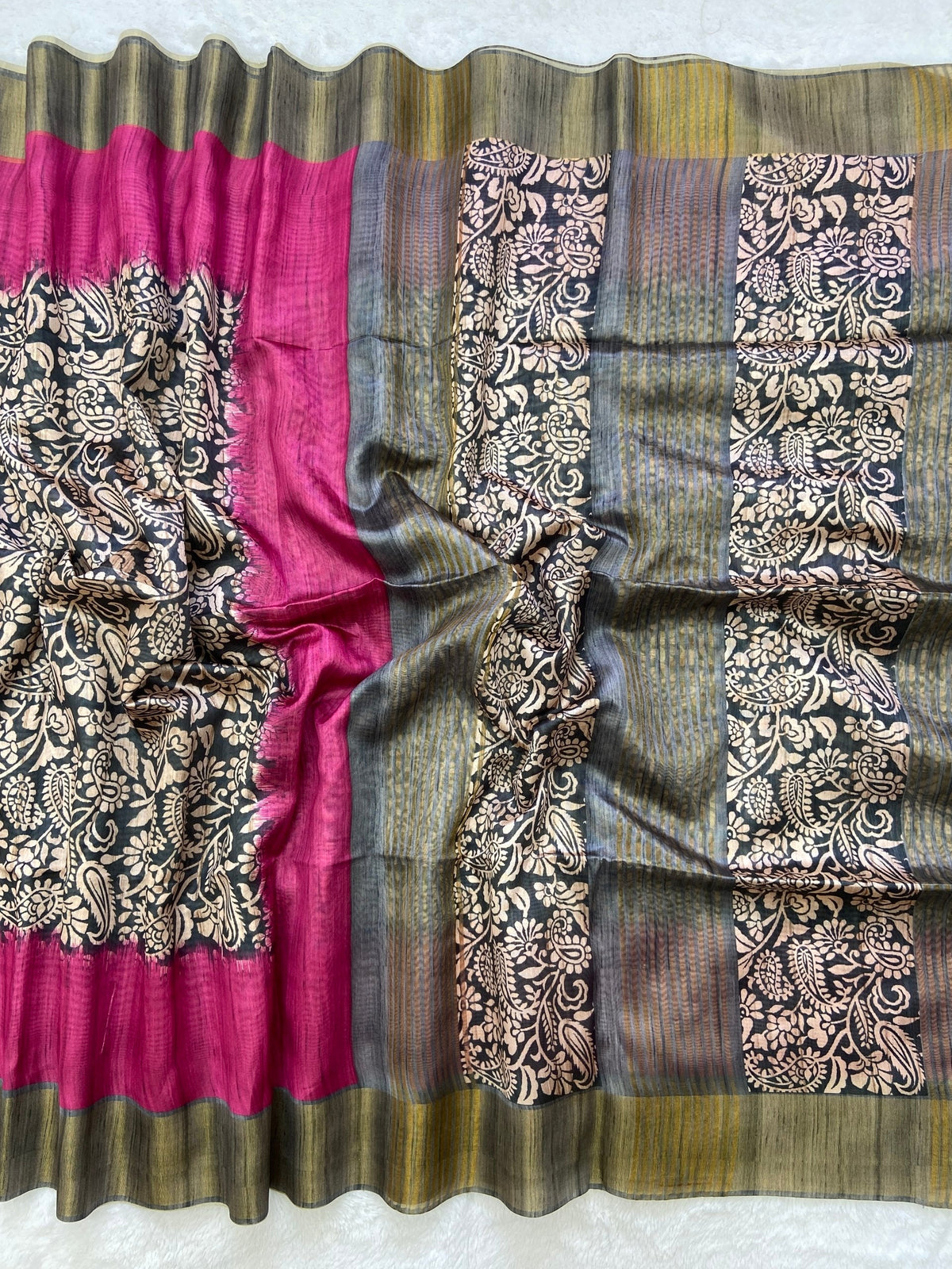 Pink and Grey Tussar Silk Colour Block Saree
