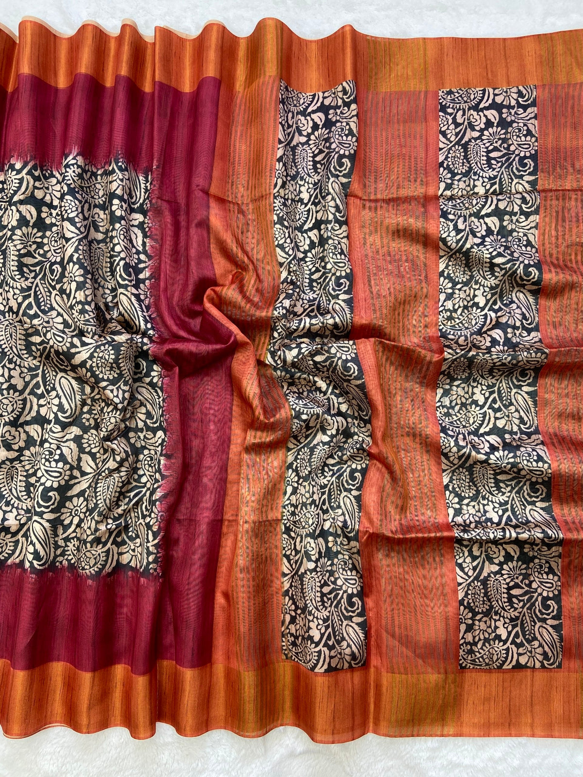 Maroon and Orange Tussar Silk Colour Block Saree