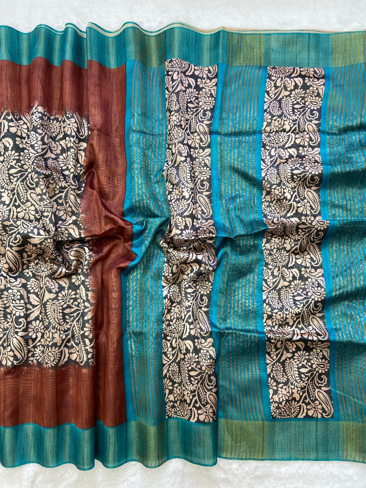 Rust and Teal Tussar Silk Colour Block Saree