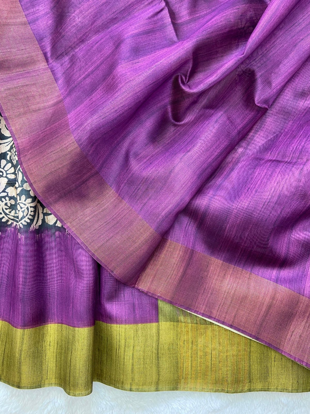 Purple and Olive Tussar Silk Colour Block Saree