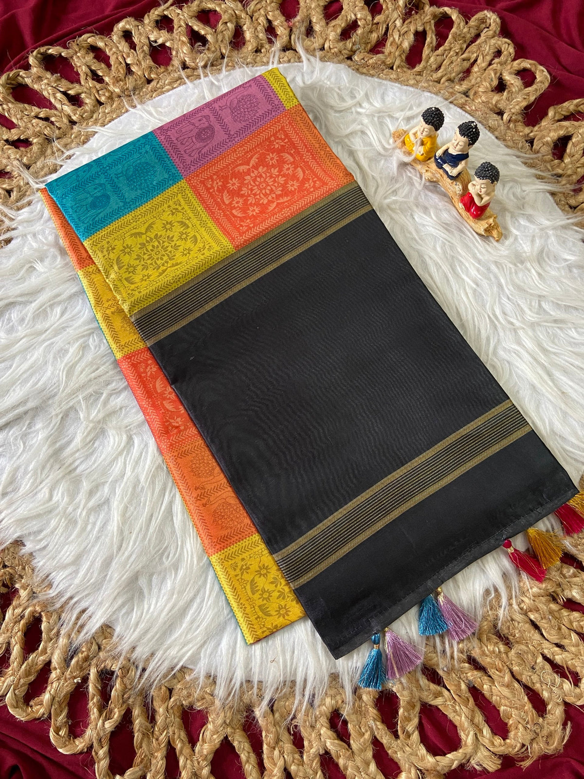 Black and Multicolour Tussar Silk Multicolour Check Saree