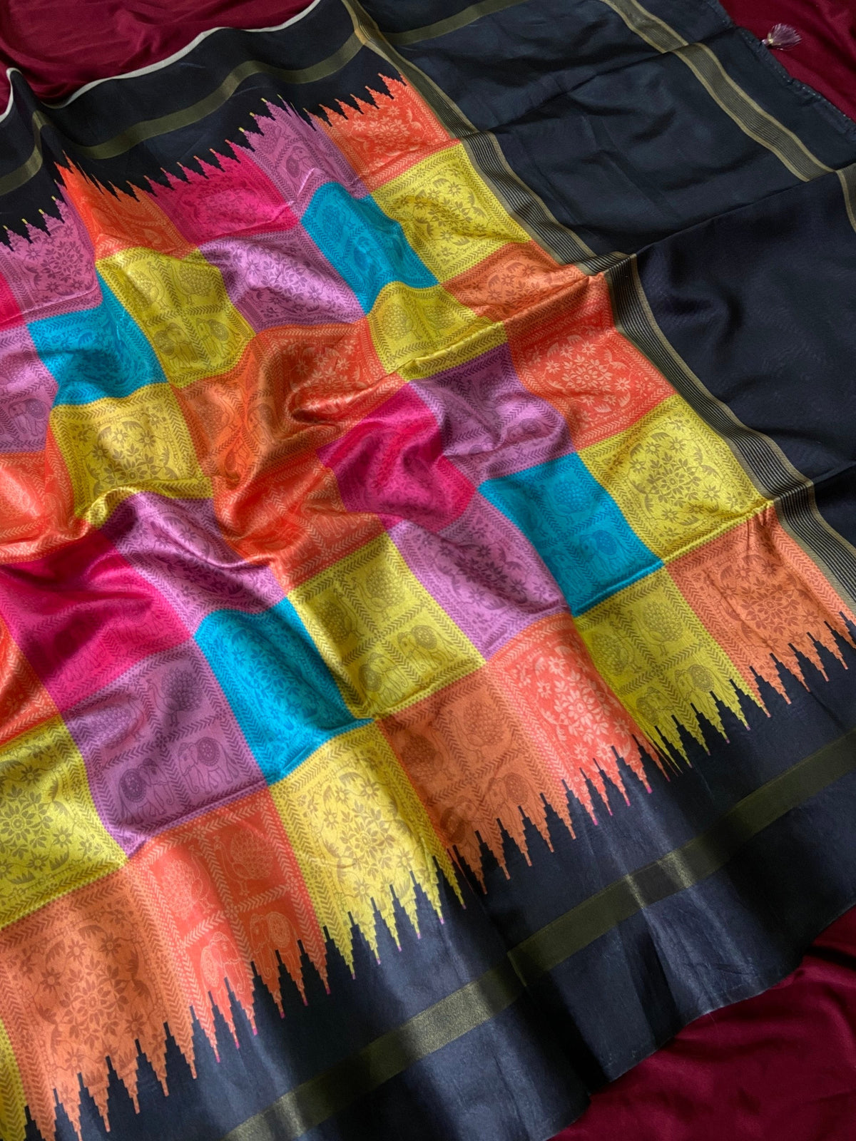 Black and Multicolour Tussar Silk Multicolour Check Saree