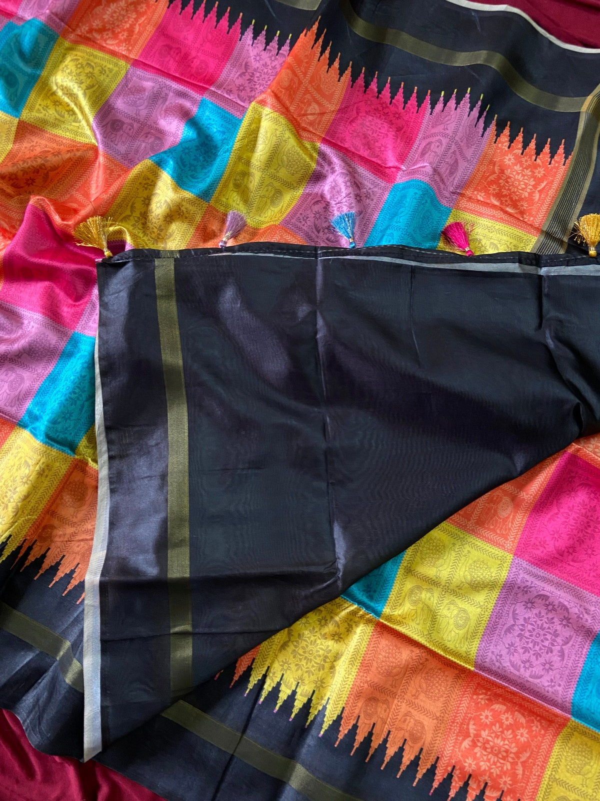 Black and Multicolour Tussar Silk Multicolour Check Saree