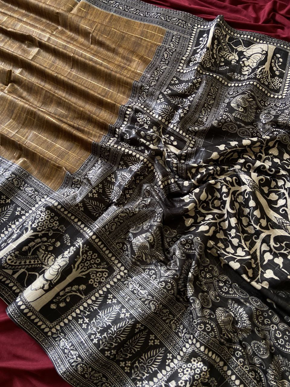 Mustard Brown Semi Tussar Silk Printed Saree
