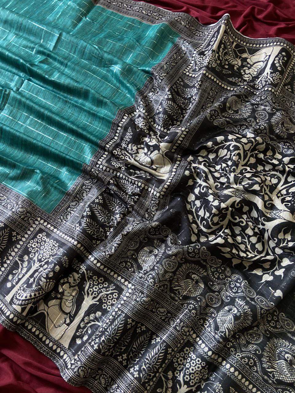 Teal Green Semi Tussar Silk Printed Saree