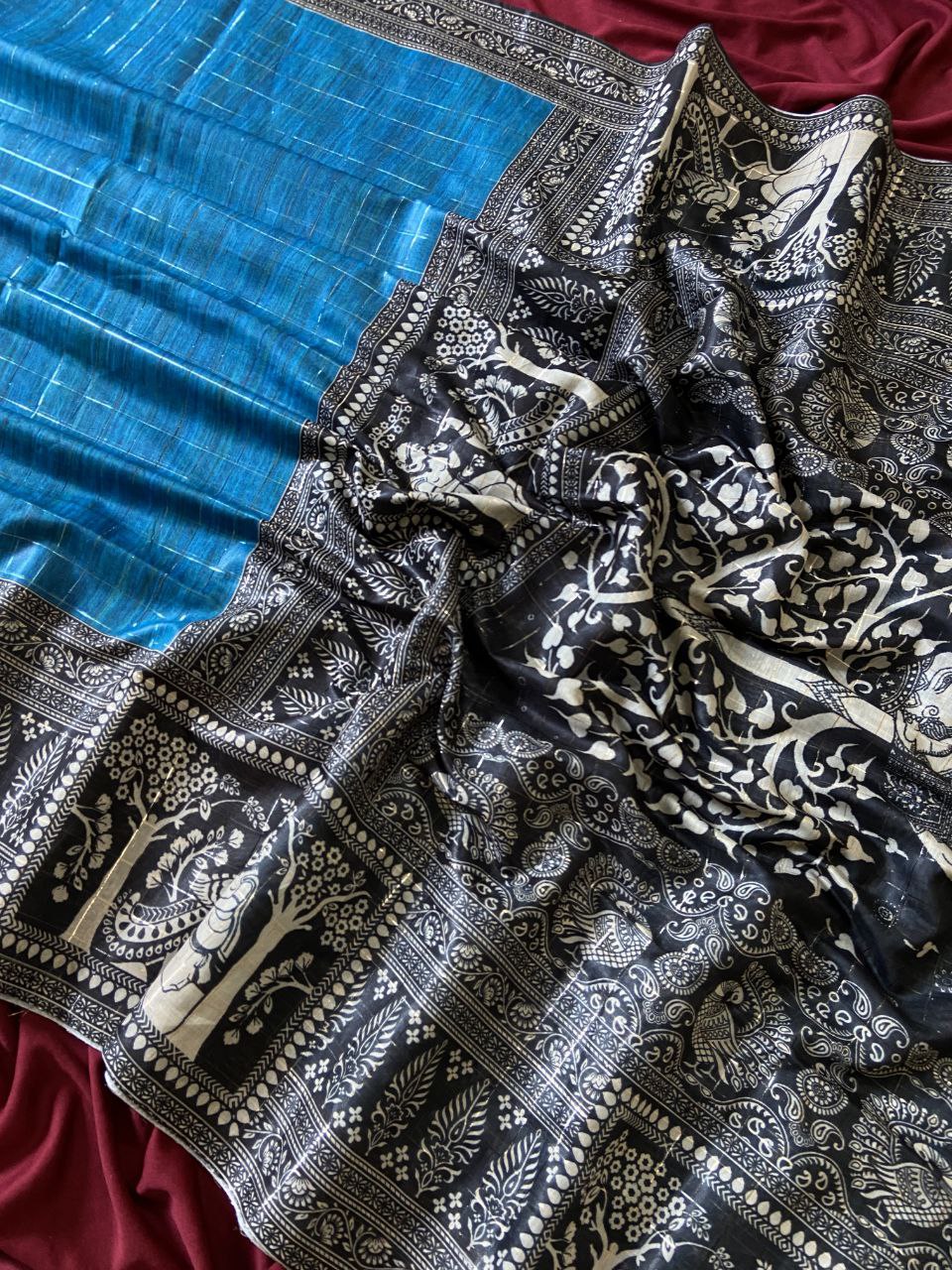 Blue Semi Tussar Silk Printed Saree