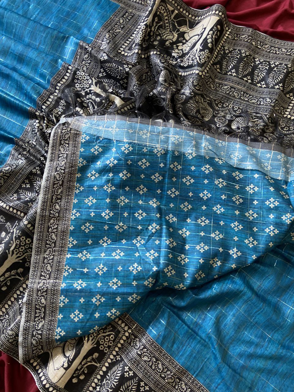 Blue Semi Tussar Silk Printed Saree