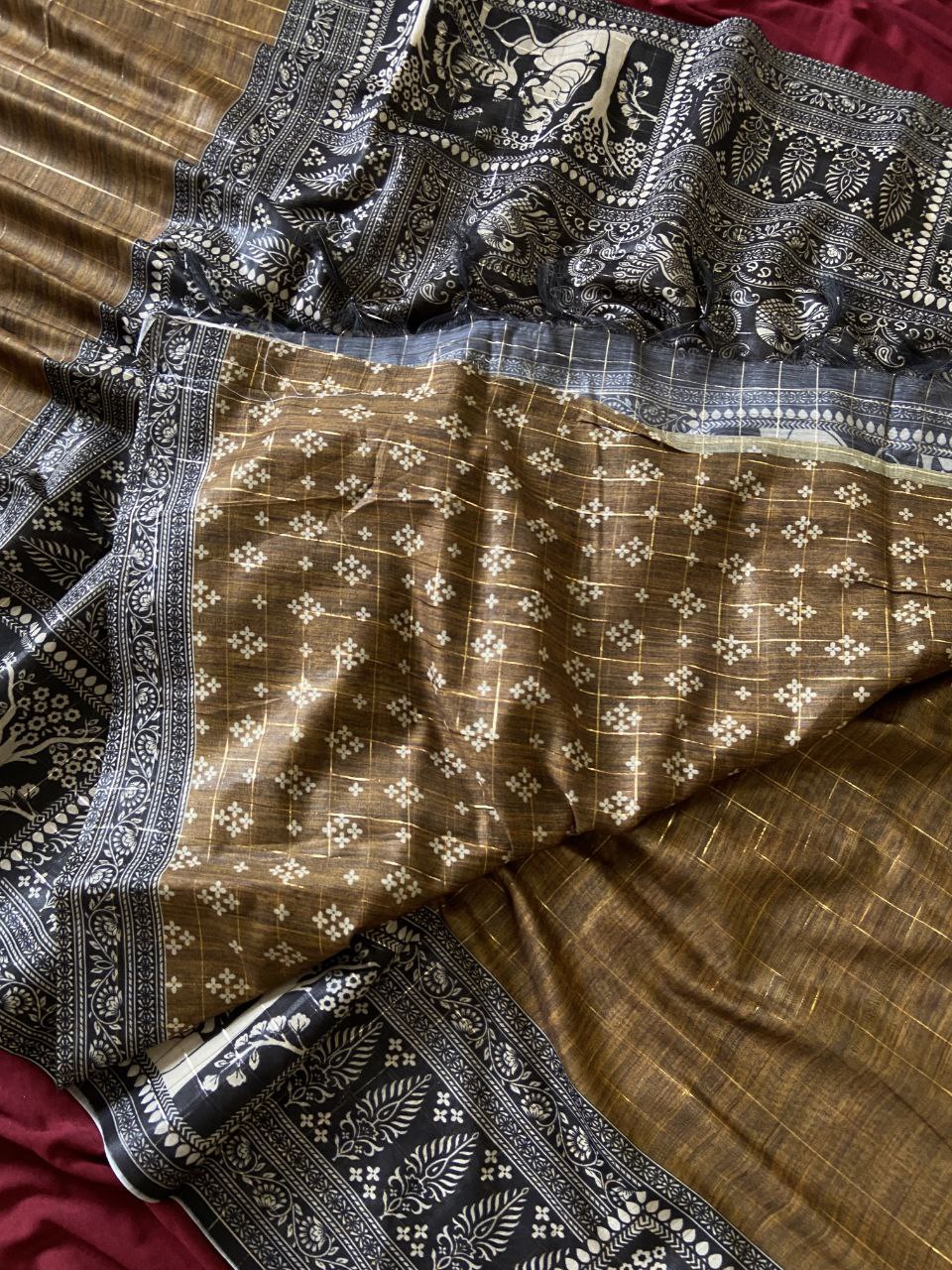 Mustard Brown Semi Tussar Silk Printed Saree