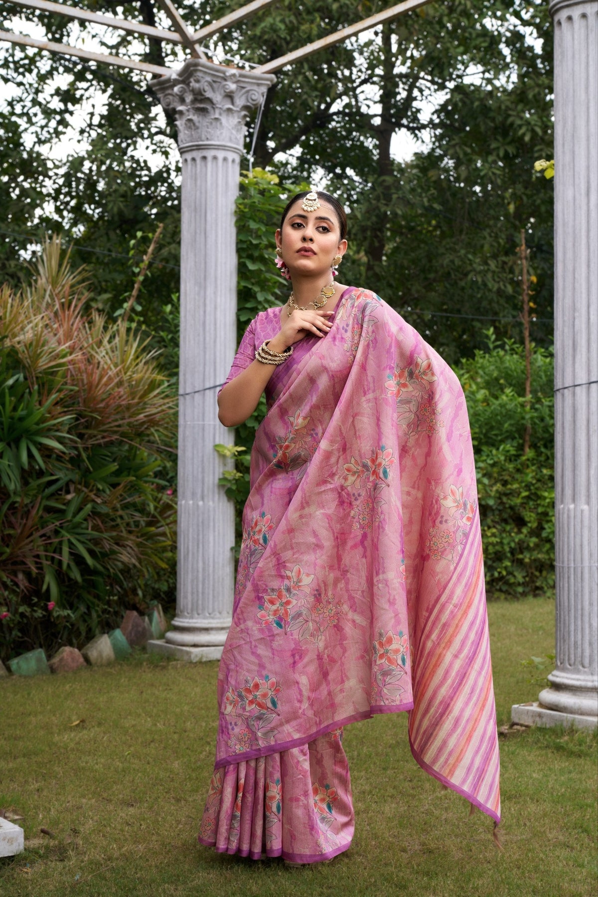 Rose Pink Tussar Silk Zari Line Saree
