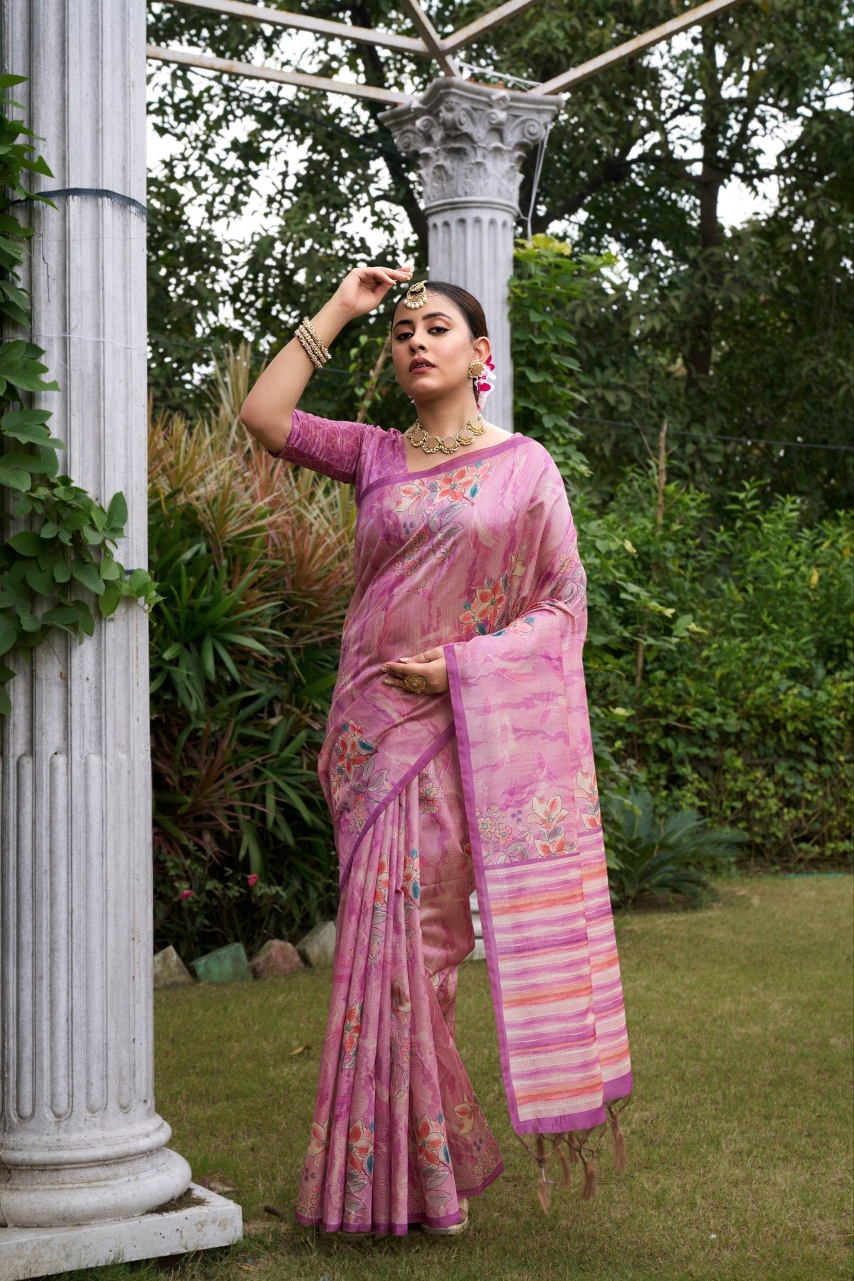 Rose Pink Tussar Silk Zari Line Saree
