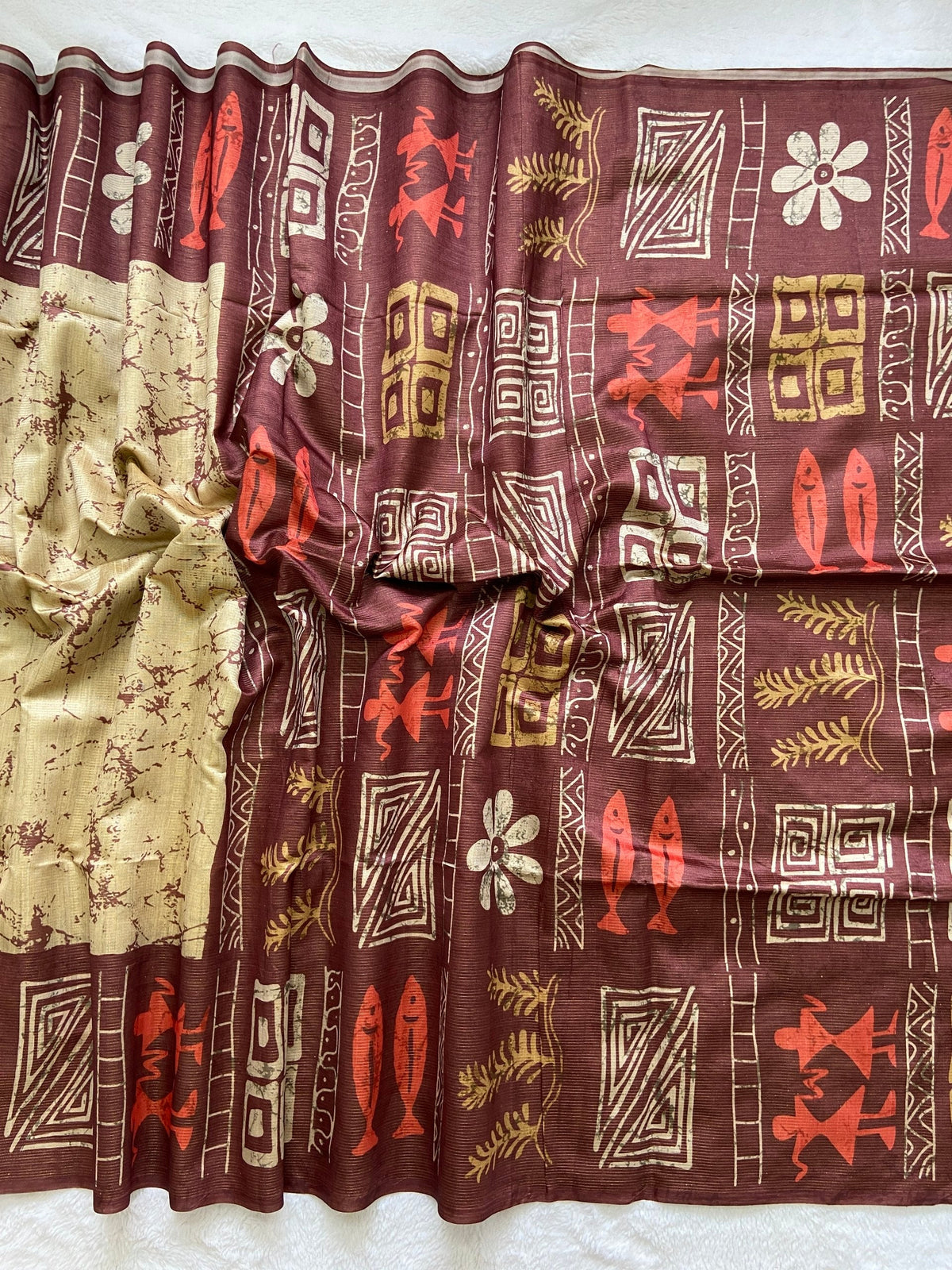 Rust Maroon Tussar Silk Tribal Print Saree