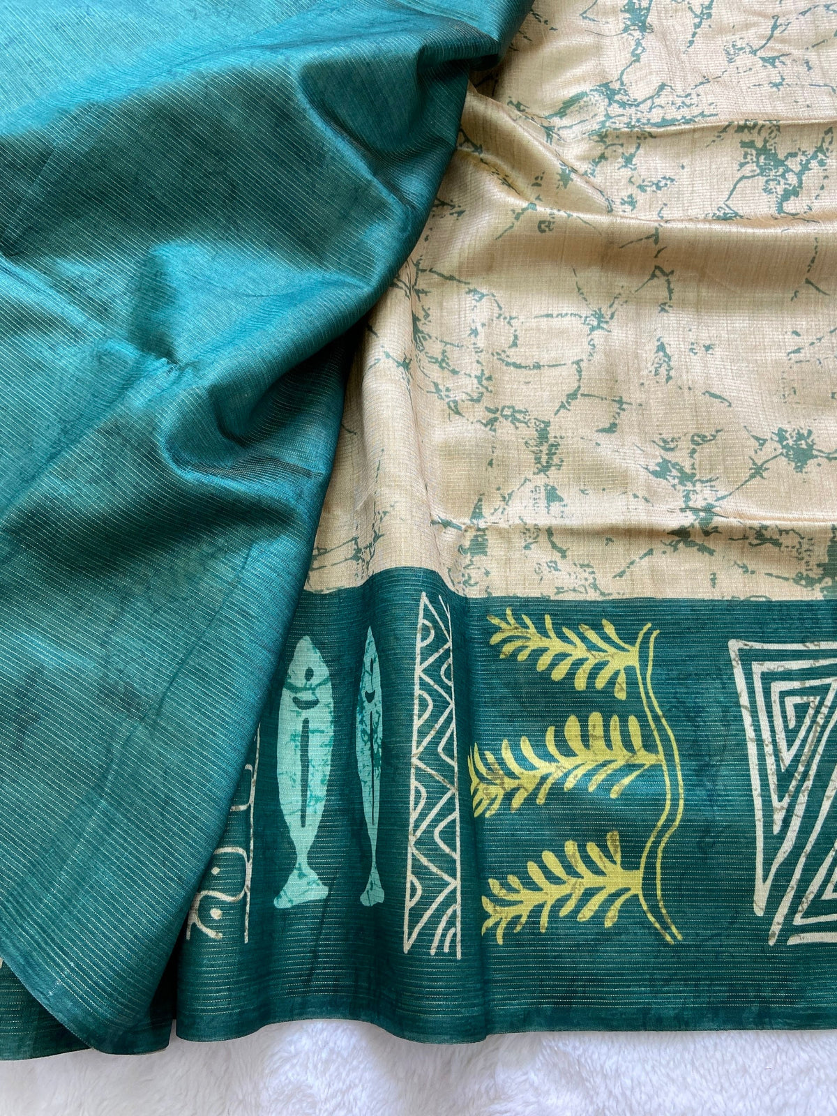 Bottle Green Tussar Silk Tribal Print Saree