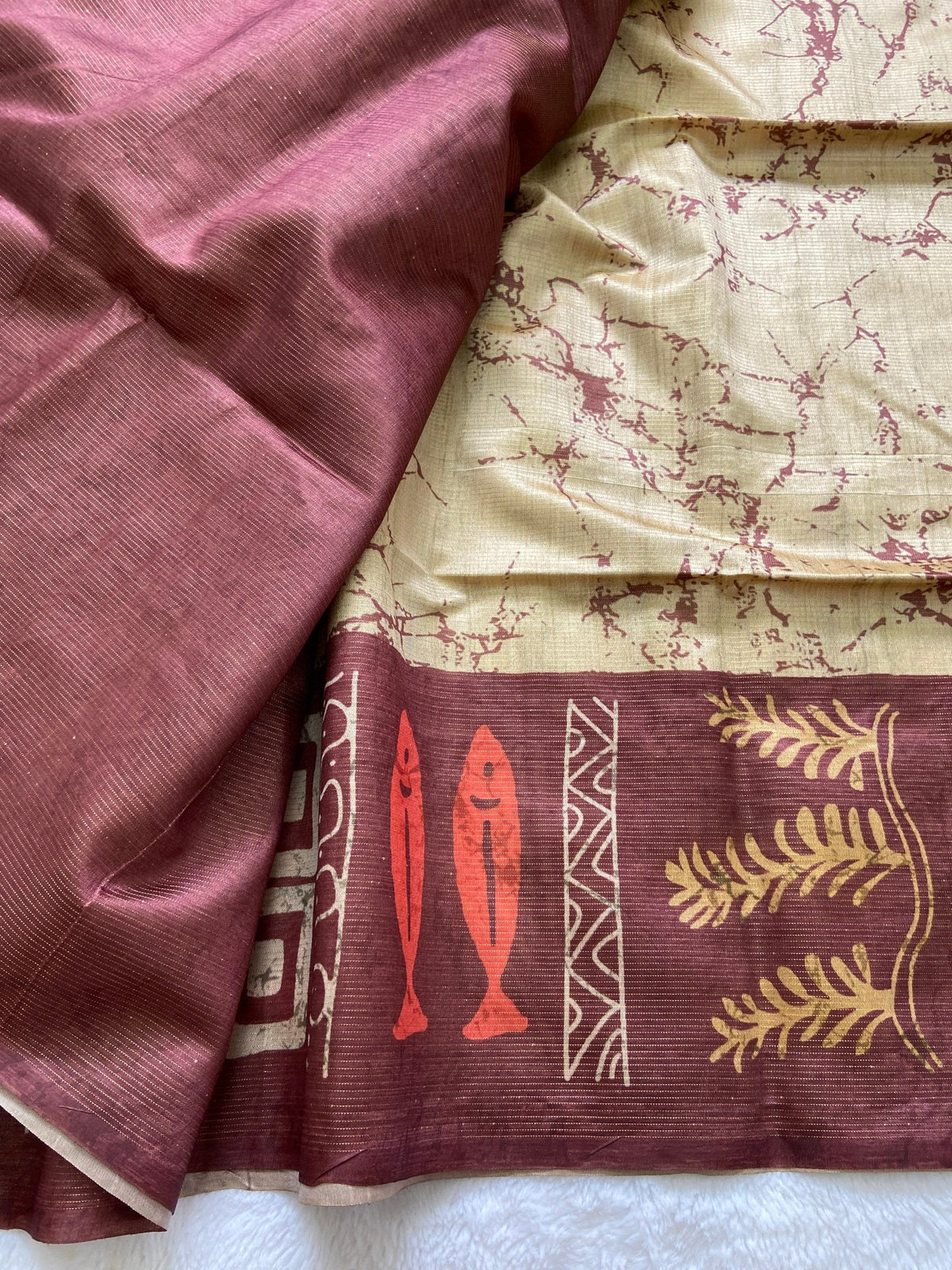 Wine Tussar Silk Tribal Print Saree