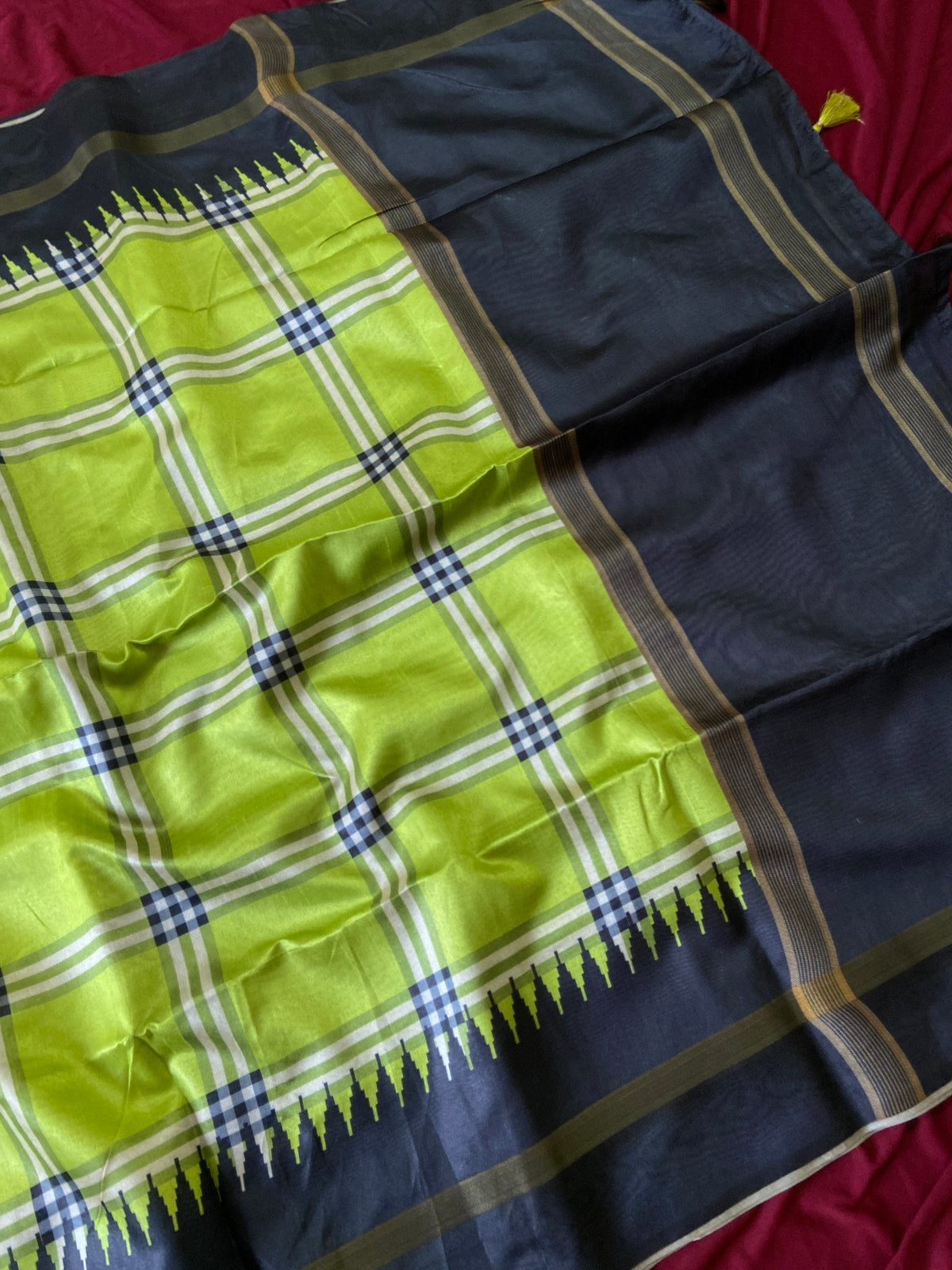 Lime Green Tussar Silk Plaid Saree