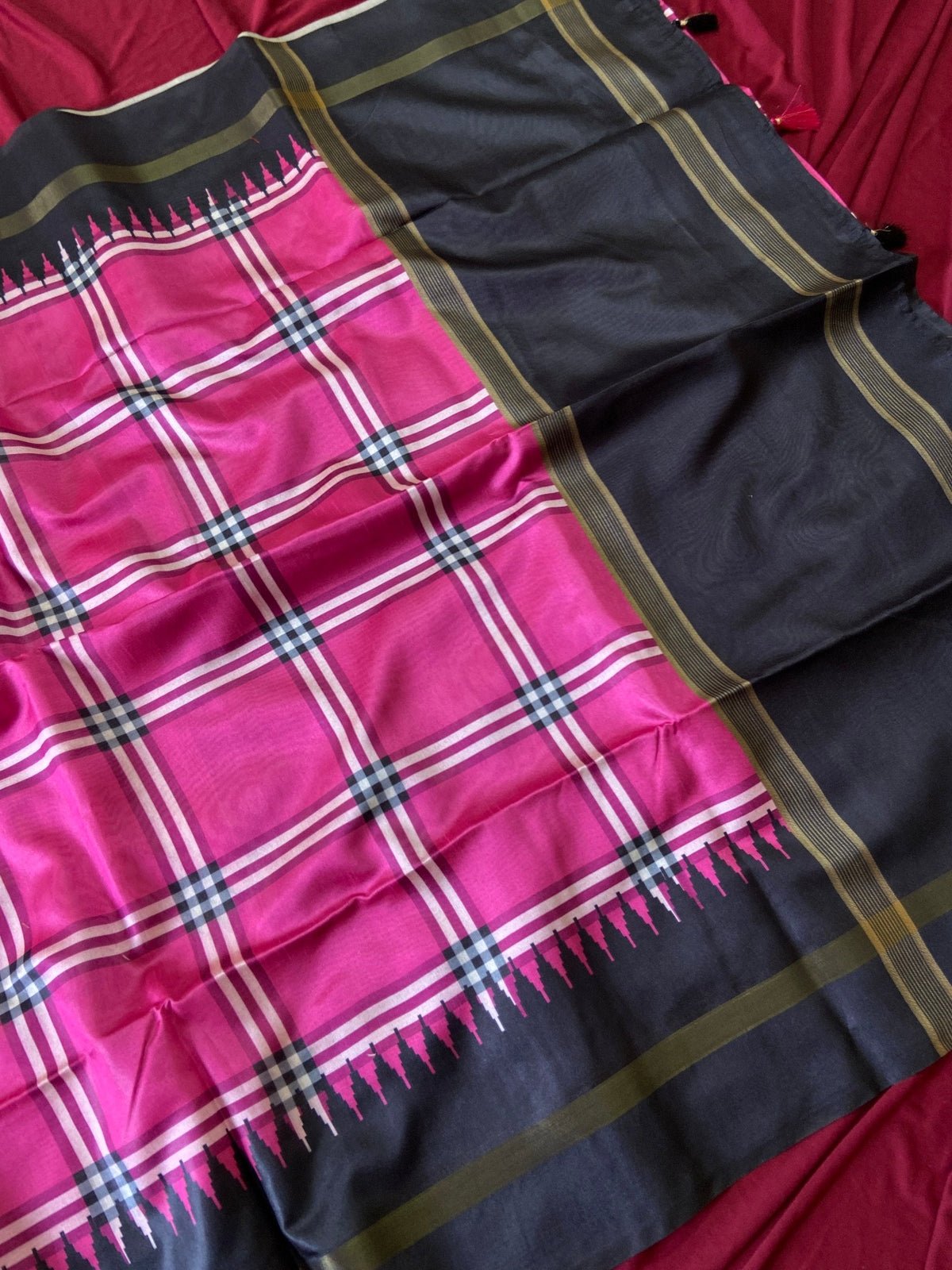 Rani Pink Tussar Silk Plaid Saree