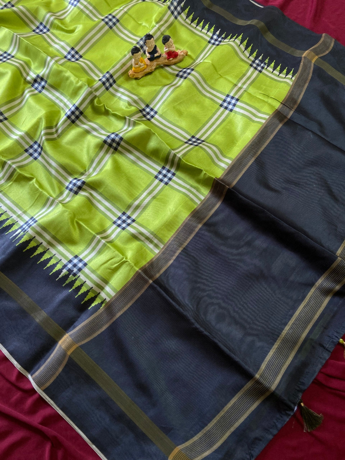 Lime Green Tussar Silk Plaid Saree