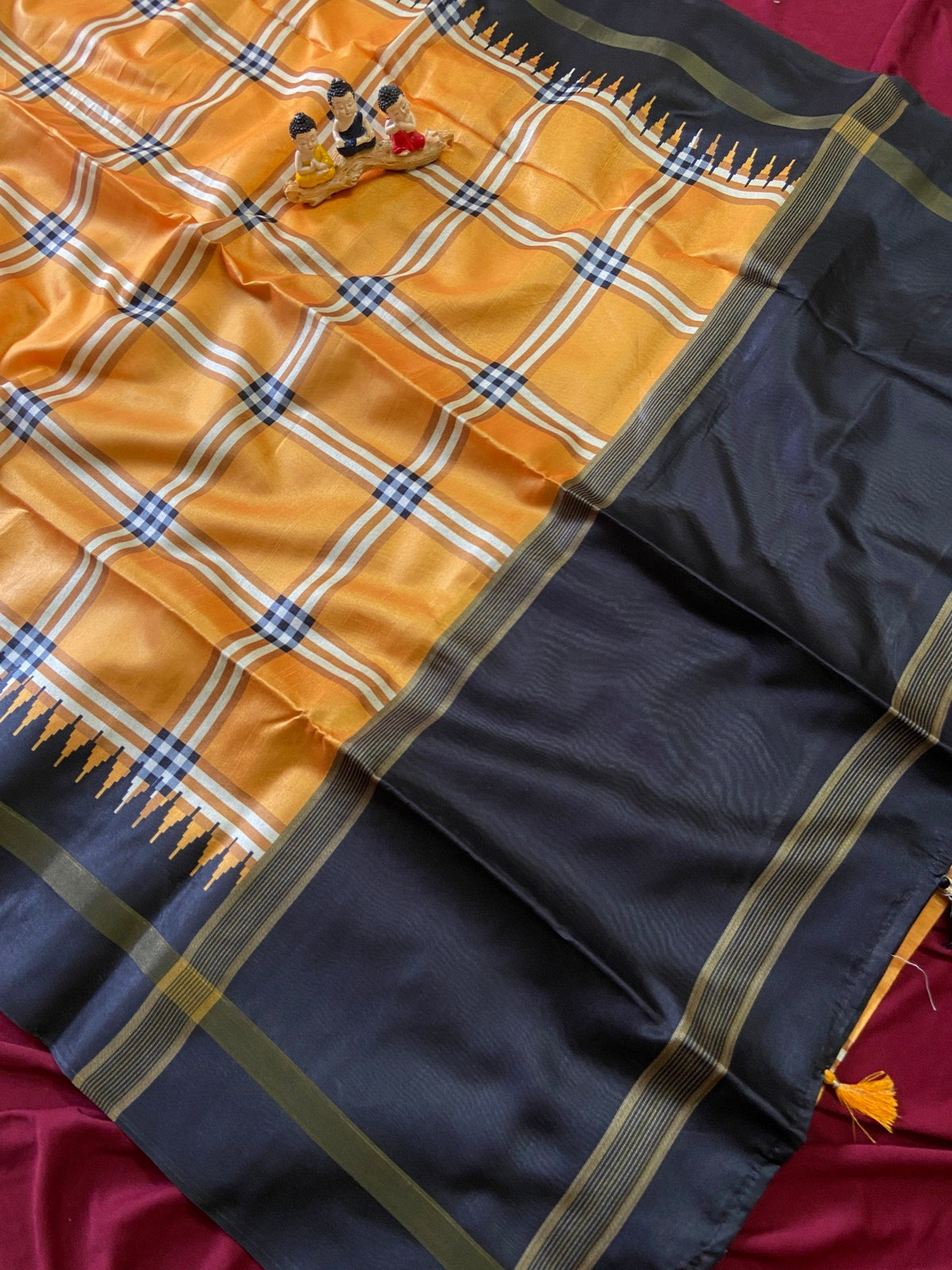Mustard Tussar Silk Plaid Saree