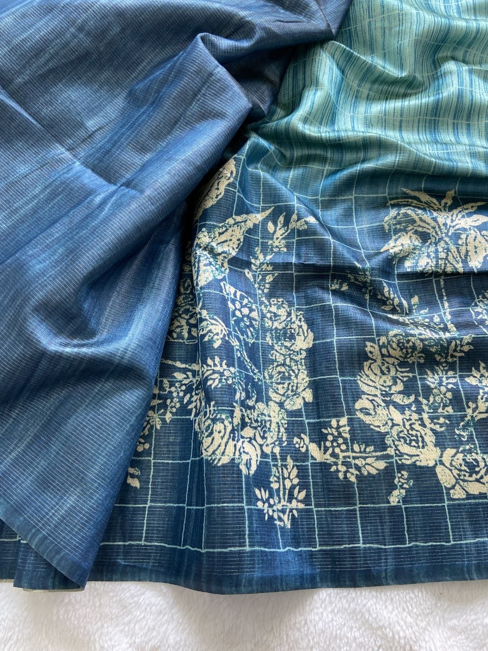 Teal Blue Tussar Silk Digital Print Saree