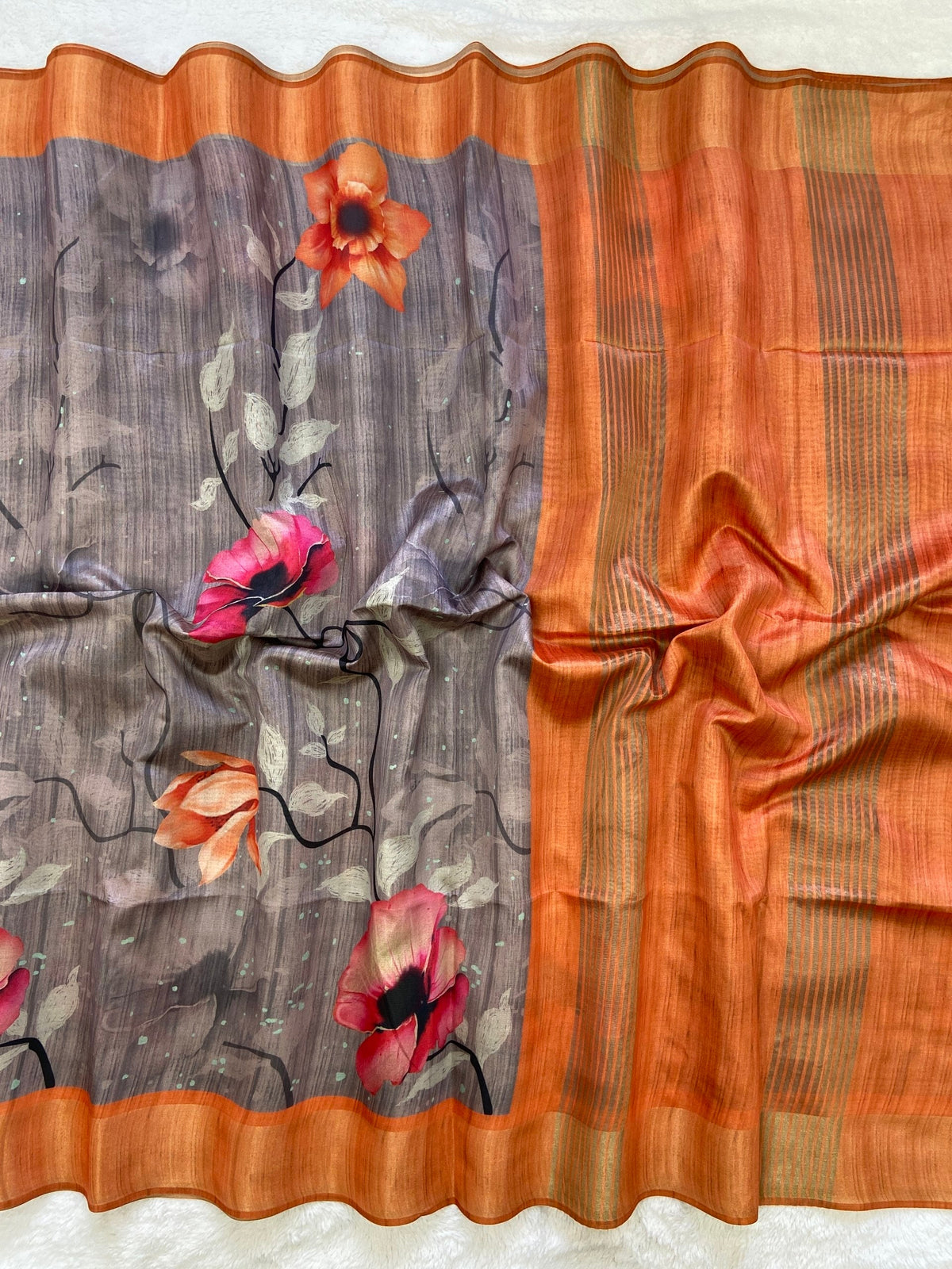 Grey and Orange Tussar Silk Printed Saree with Contrast Pallu