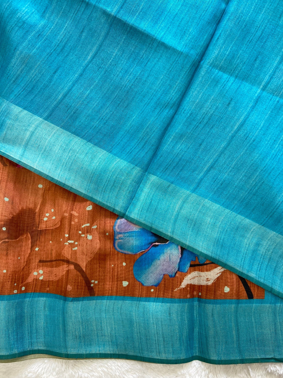Rust and Sky Blue Tussar Silk Printed Saree with Contrast Pallu