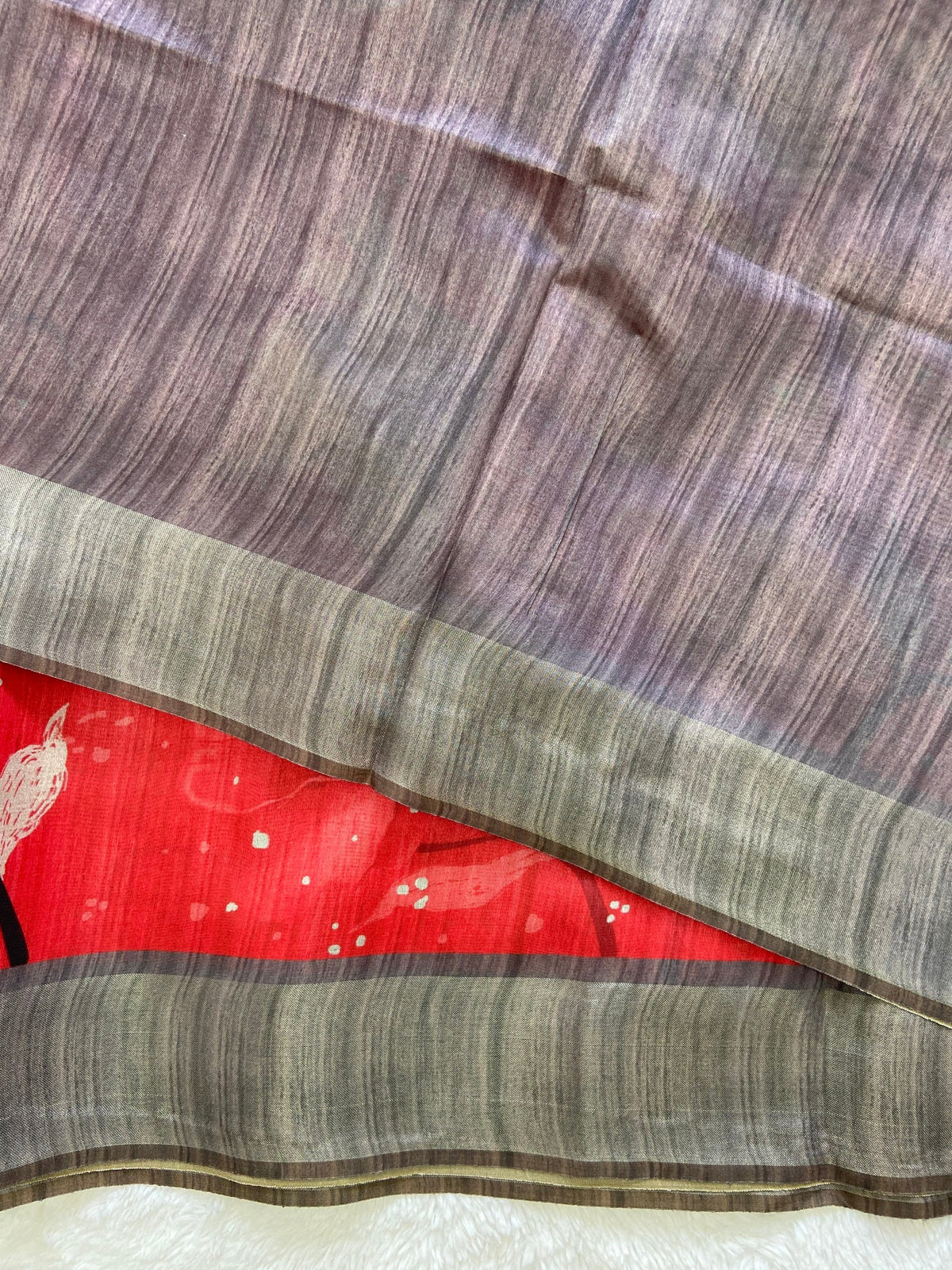 Red and Grey Tussar Silk Printed Saree with Contrast Pallu