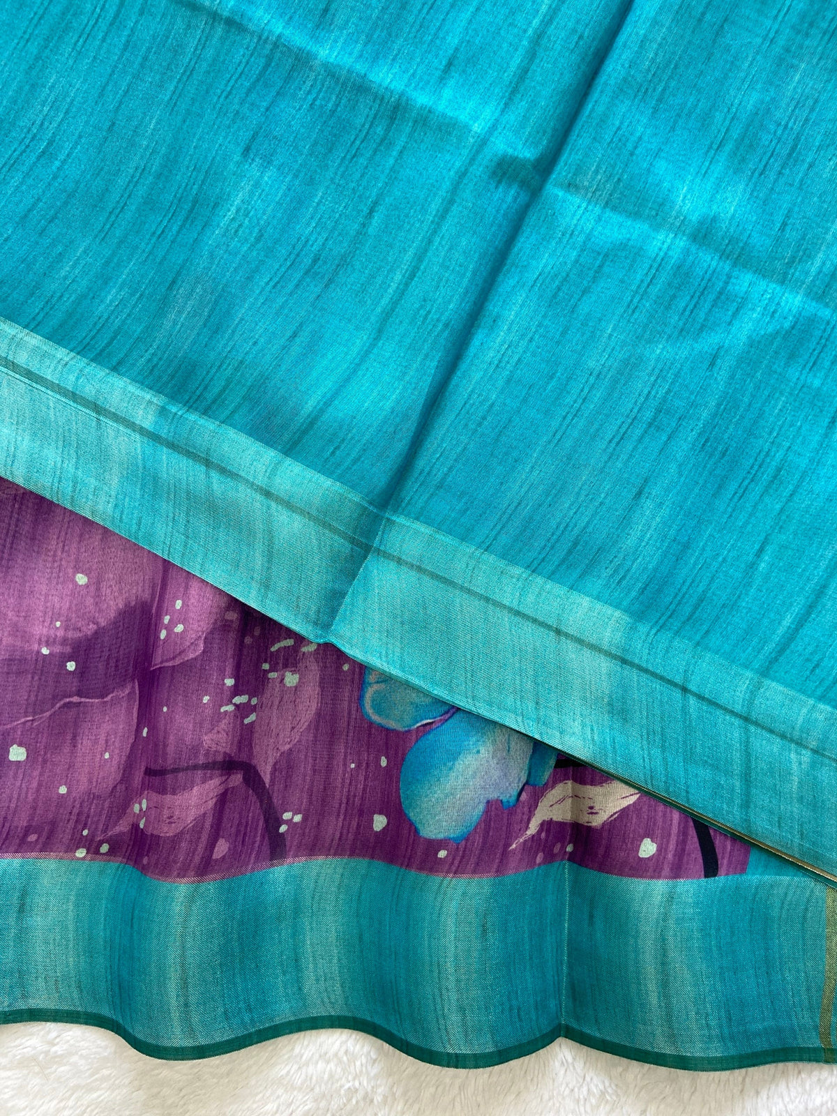 Purple and Sky Blue Tussar Silk Printed Saree with Contrast Pallu