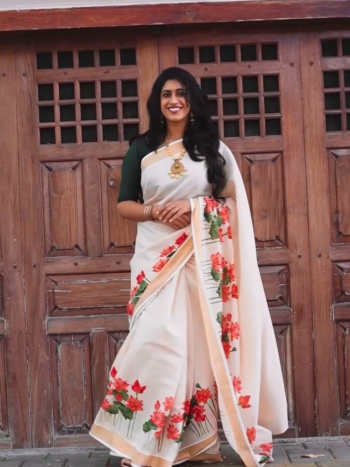 Off-White Linen Lotus Print Saree with Cutwork Border