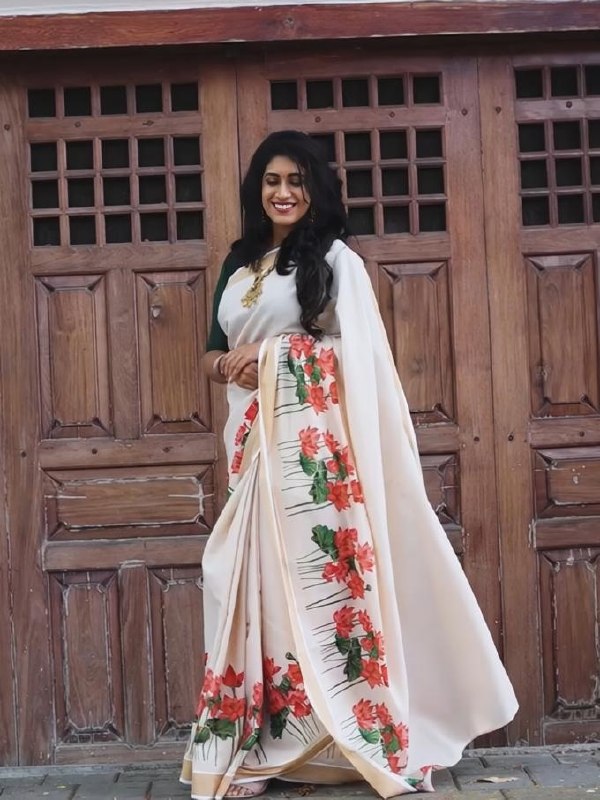 Off-White Linen Lotus Print Saree with Cutwork Border
