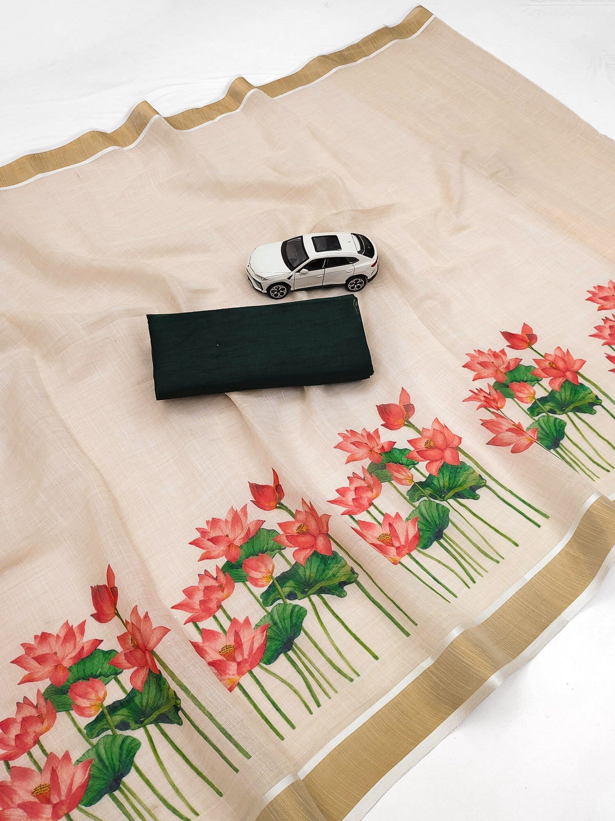 Off-White Linen Lotus Print Saree with Cutwork Border