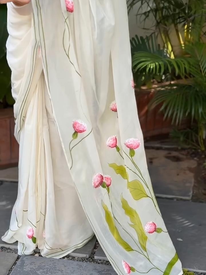 Off-White Kerala Linen Lotus Print Saree