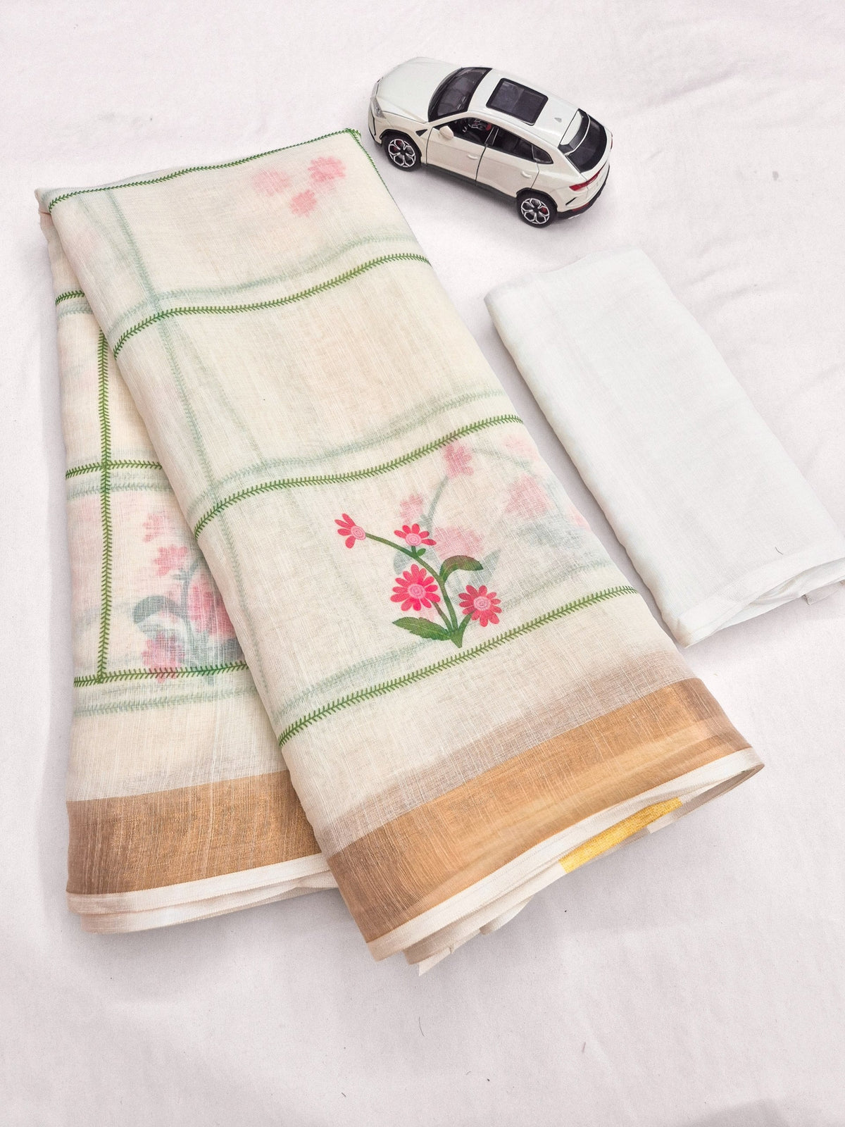 Off-White Linen Floral Checks Saree with Zari Border