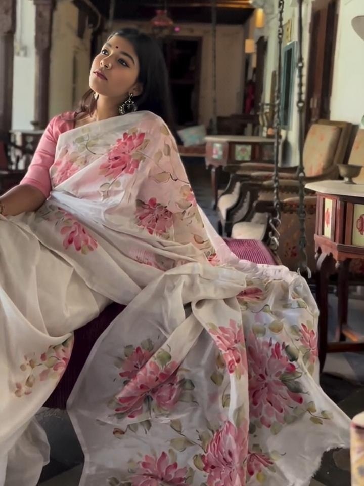Off-White and Pink Linen Floral Saree with Zari Border