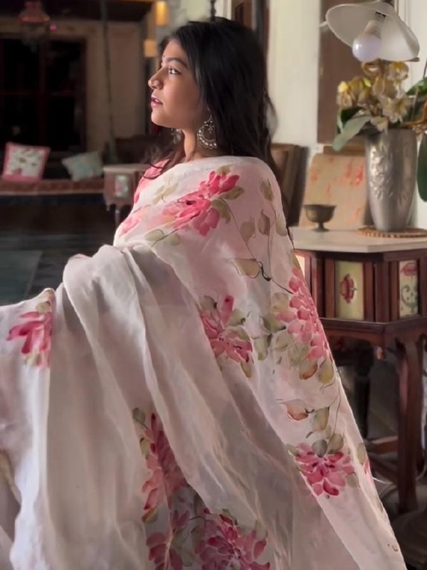 Off-White and Pink Linen Floral Saree with Zari Border