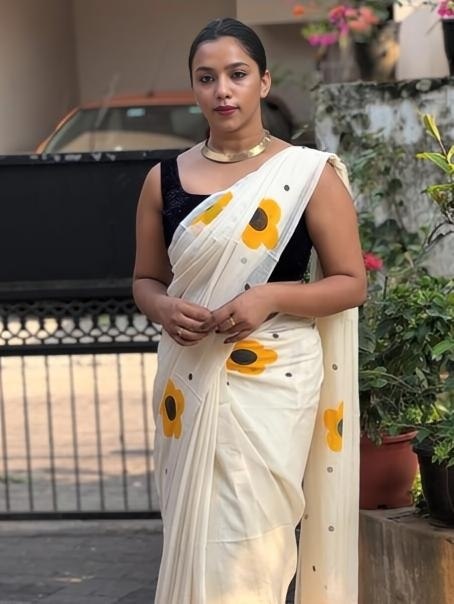 Off-White and Yellow Linen Floral Saree with Zari Border