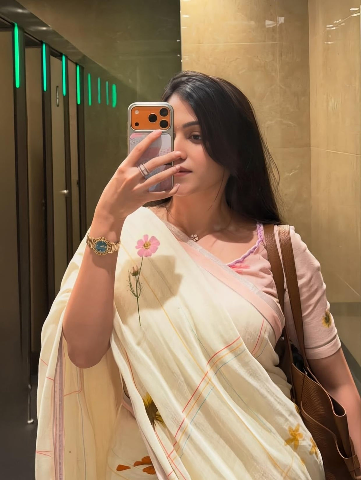 Off-White and Peach Linen Floral Saree with Zari Border