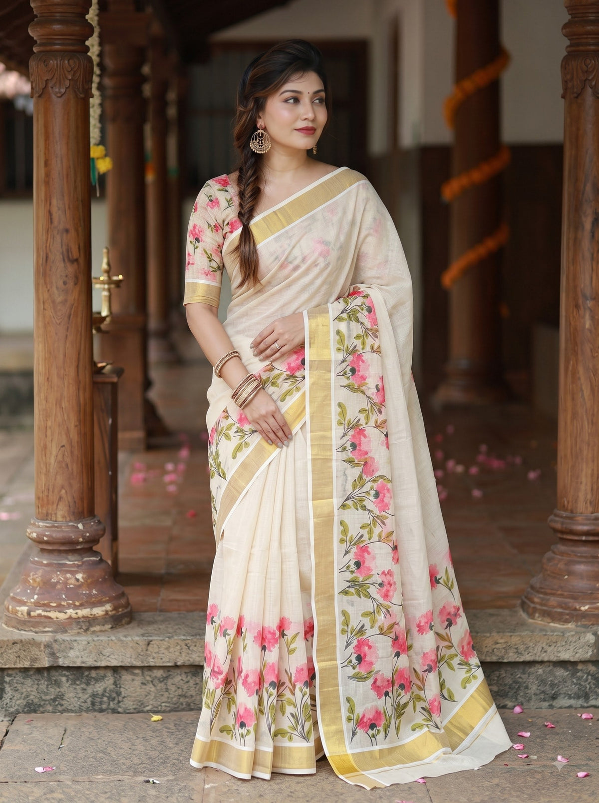 Pink Linen Floral Print Saree with Zari Border