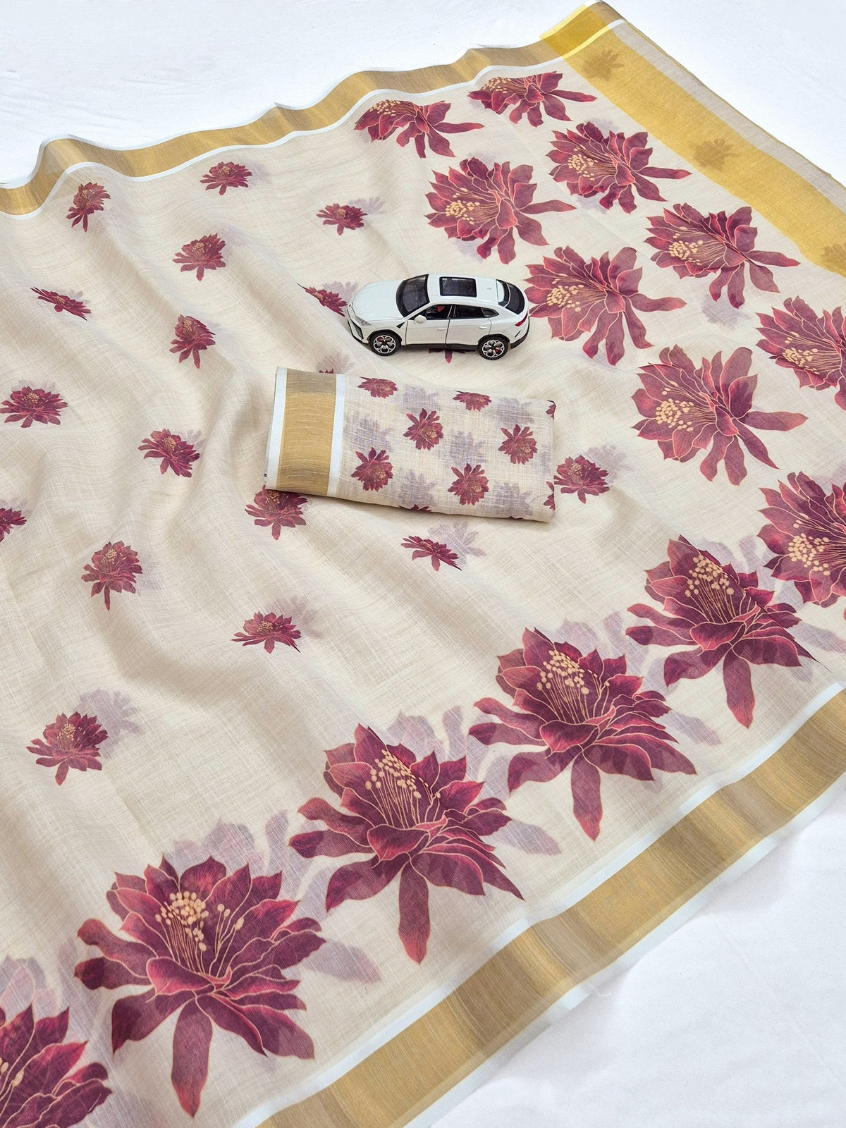 Maroon Linen Floral Print Saree with Zari Border