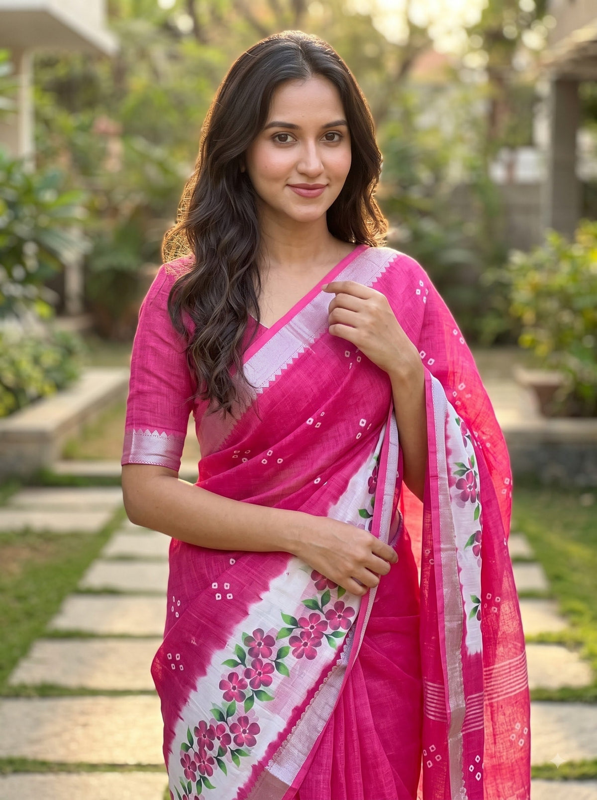 Rani Pink Linen Floral Border Saree