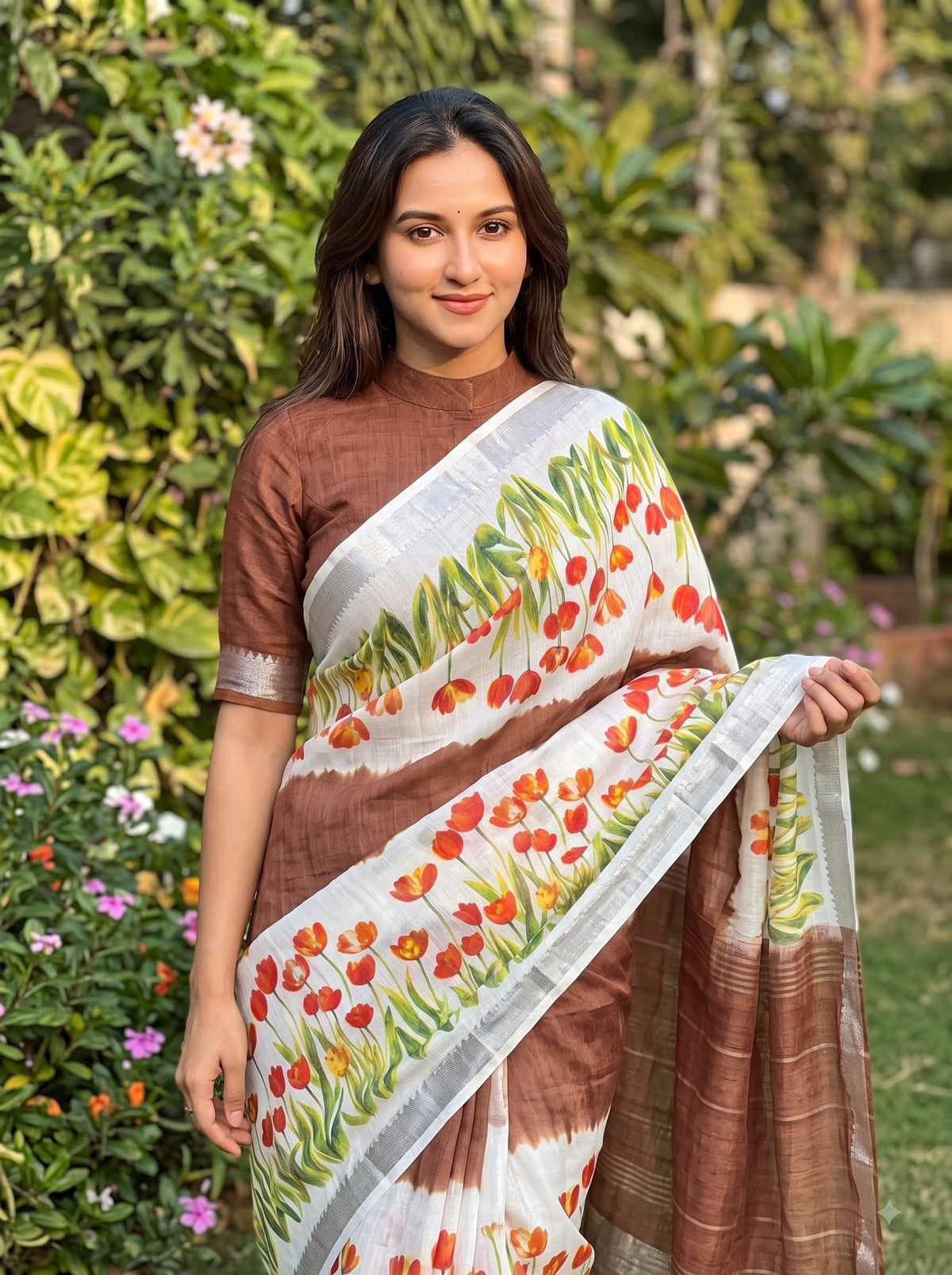 Brown Linen Tulip Print Saree