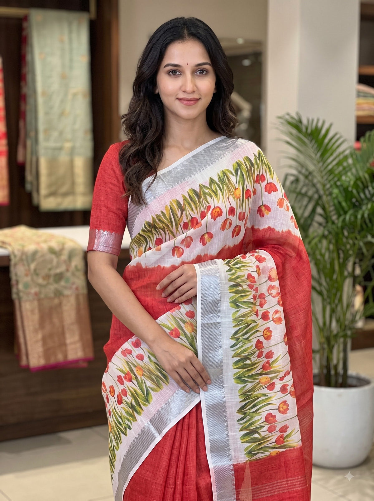 Red Linen Tulip Print Saree
