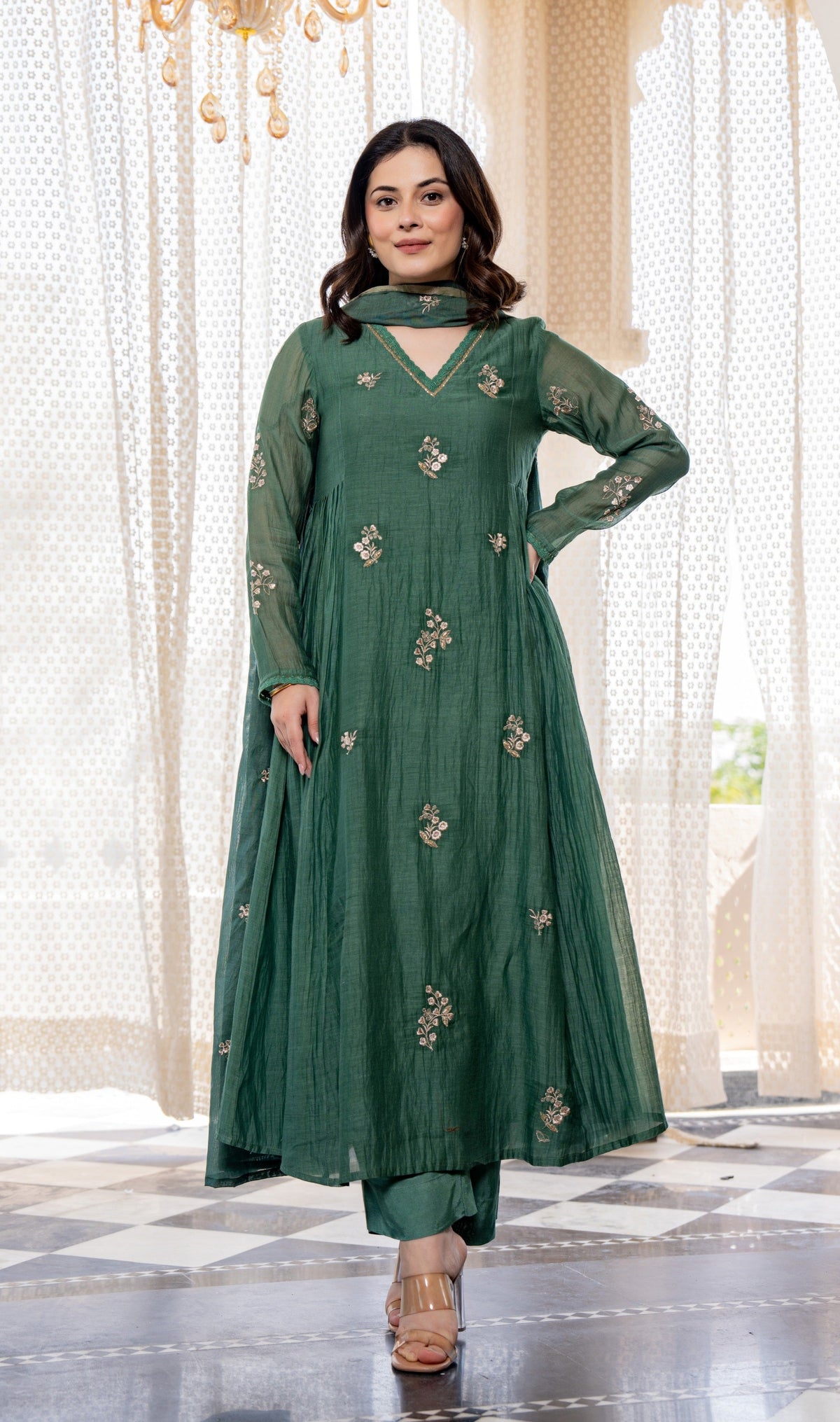 Forest Green Embroidered Chanderi Silk Long Kurta Set