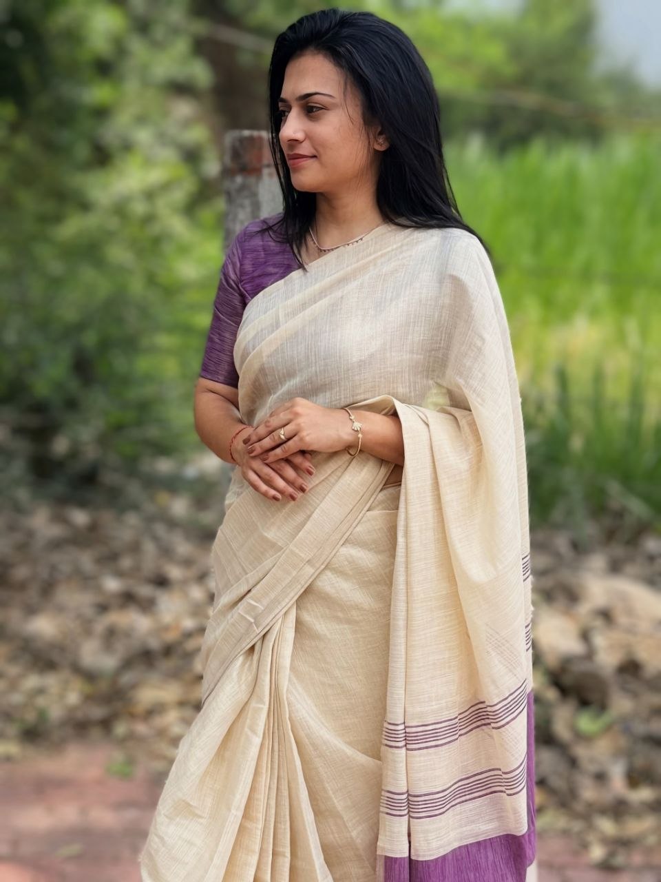 Violet Mysore Silk Linen Jacquard Border Saree