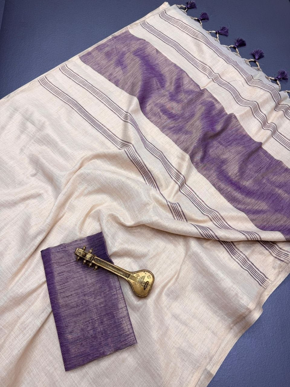 Violet Mysore Silk Linen Jacquard Border Saree