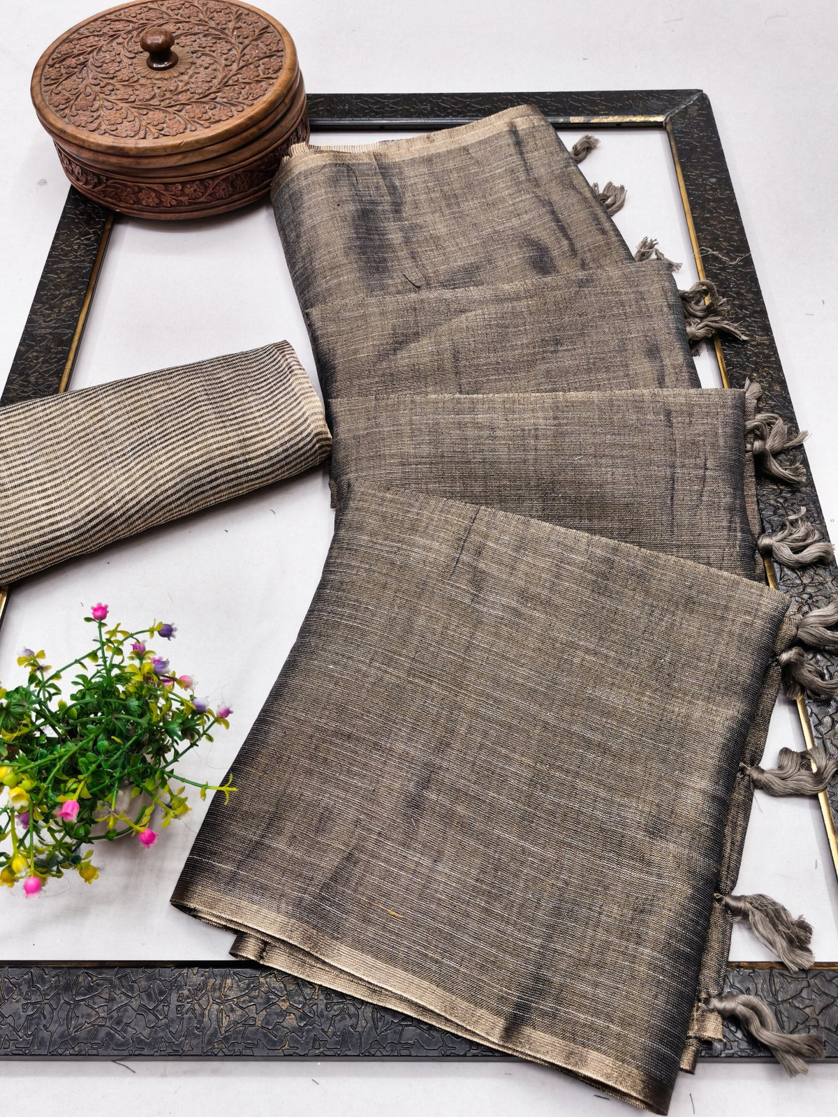 Taupe Grey Linen Tissue Jacquard Saree