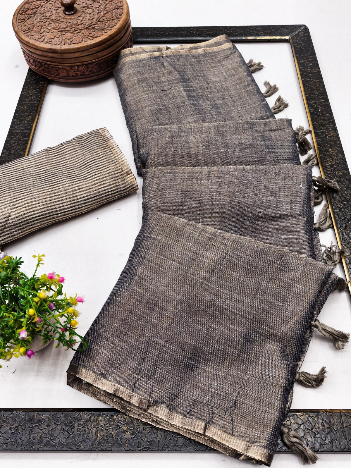Charcoal Linen Tissue Jacquard Saree