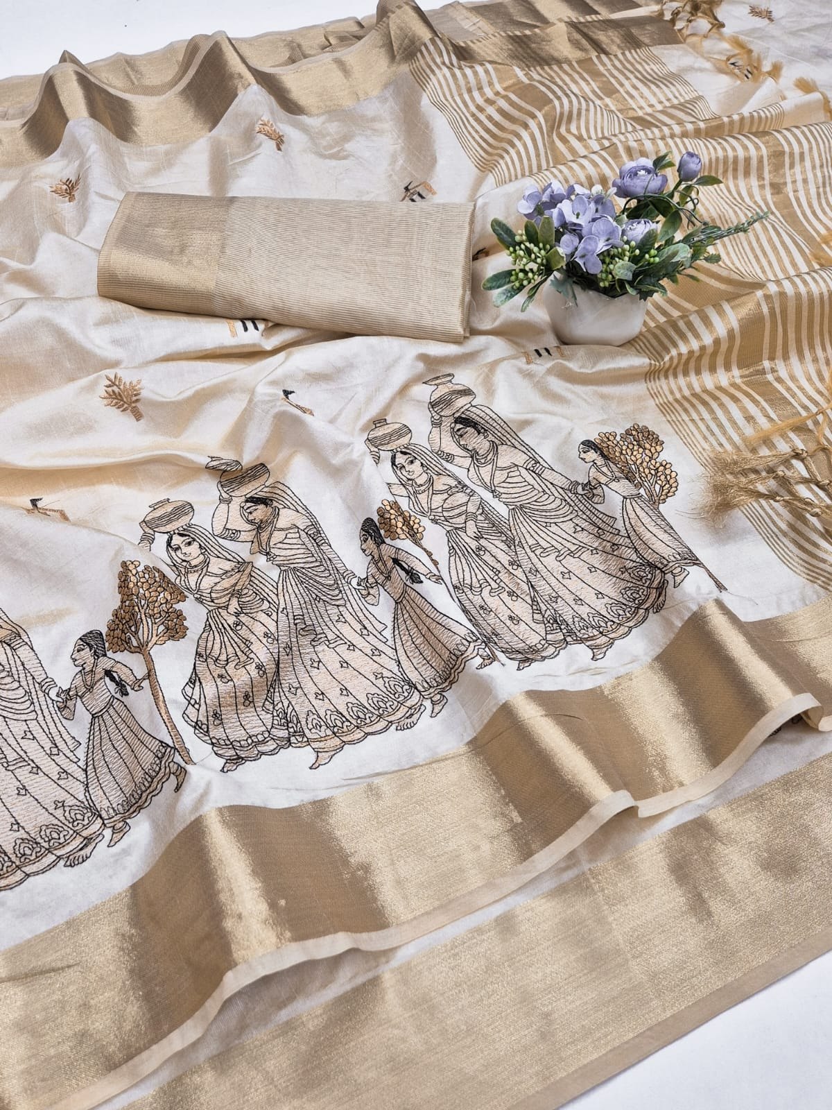 Off-White Aasami Silk Embroidered Saree with Zalar