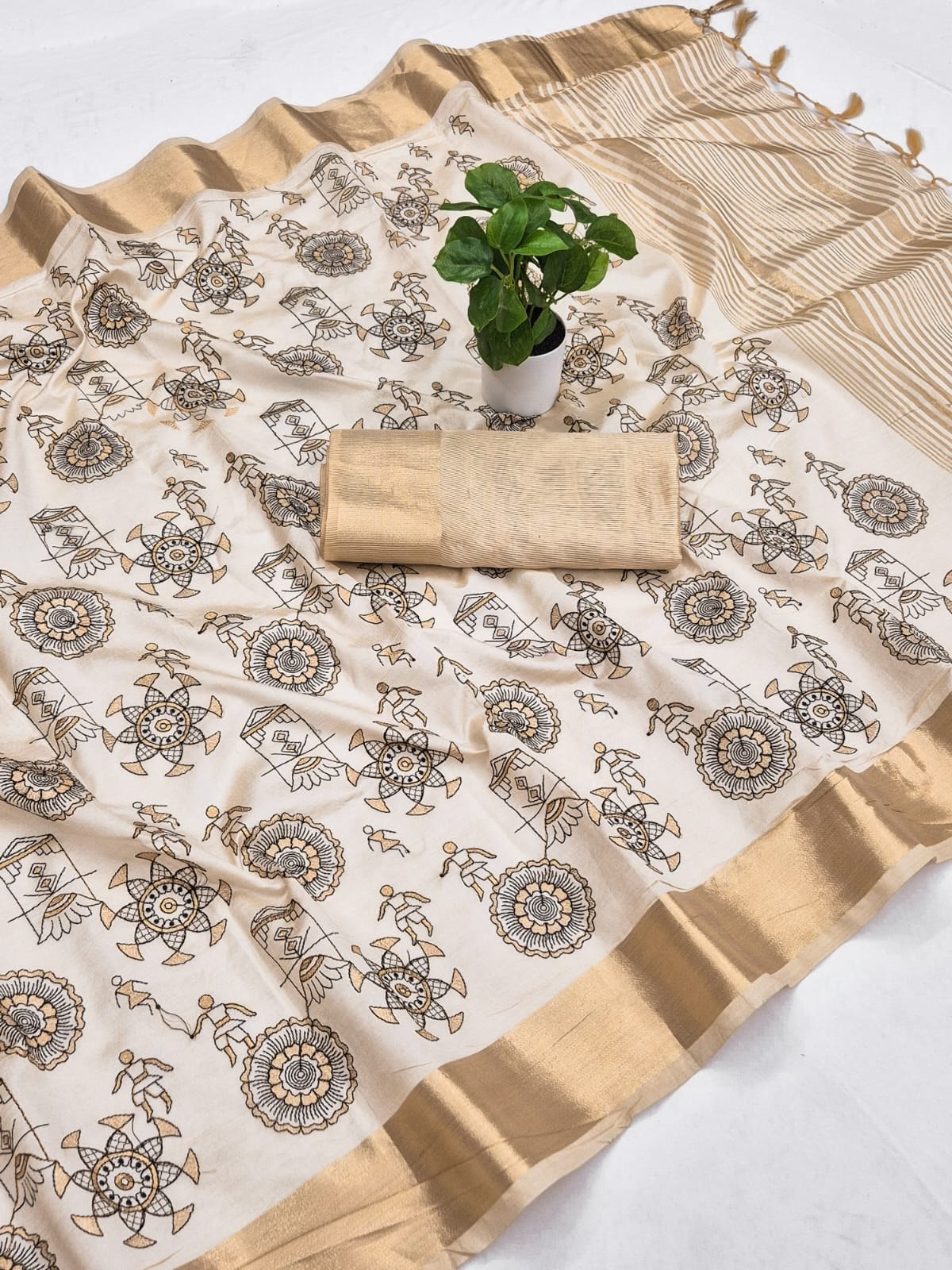 Off-White Aasami Silk Folk Embroidered Saree