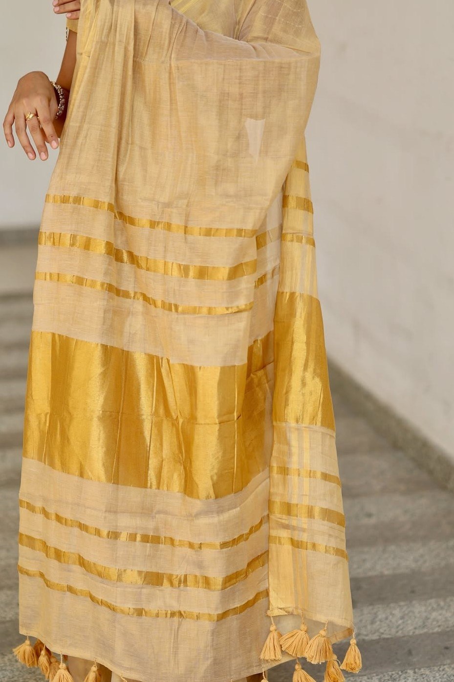 Beige Gold Mysore Silk Linen Jacquard Saree