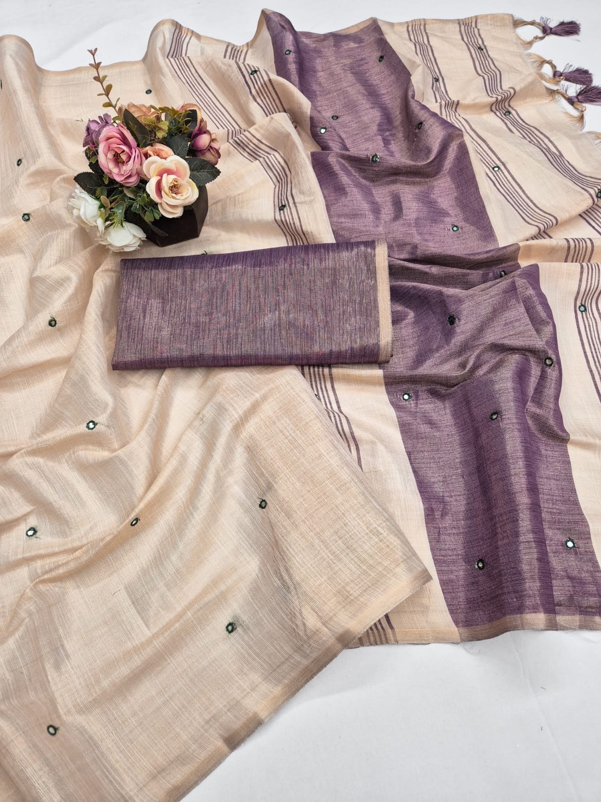 Violet Mysore Silk Linen Mirror Work Saree