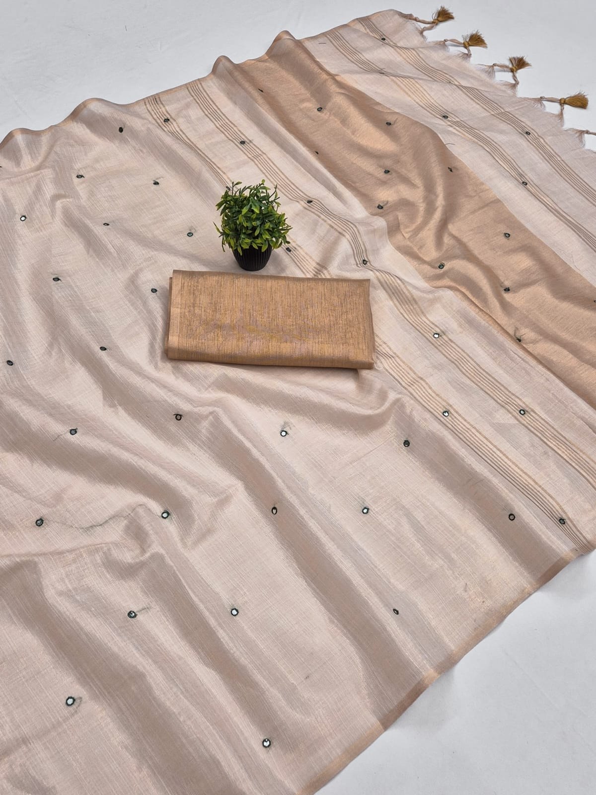 Gold Mysore Silk Linen Mirror Work Saree